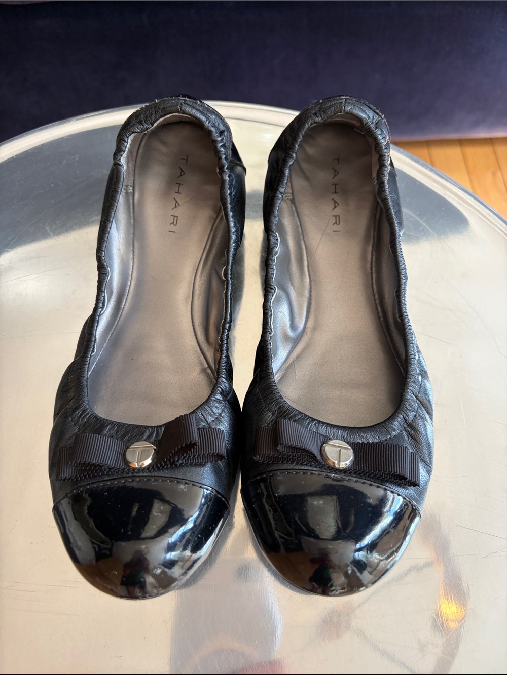 Tahari Black Ballet Flats with Patent Cap Toe and Bow